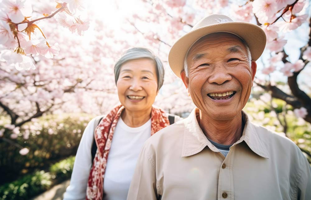 A woman and a man walk through cherry blossom trees.